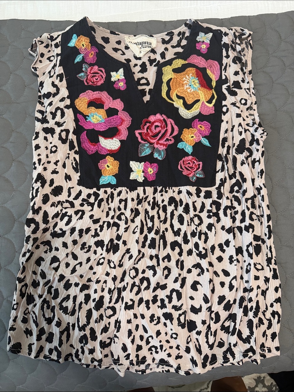 Savanna Jane Black Panel Floral Embroidered Animal Print Sleeveless Blouse